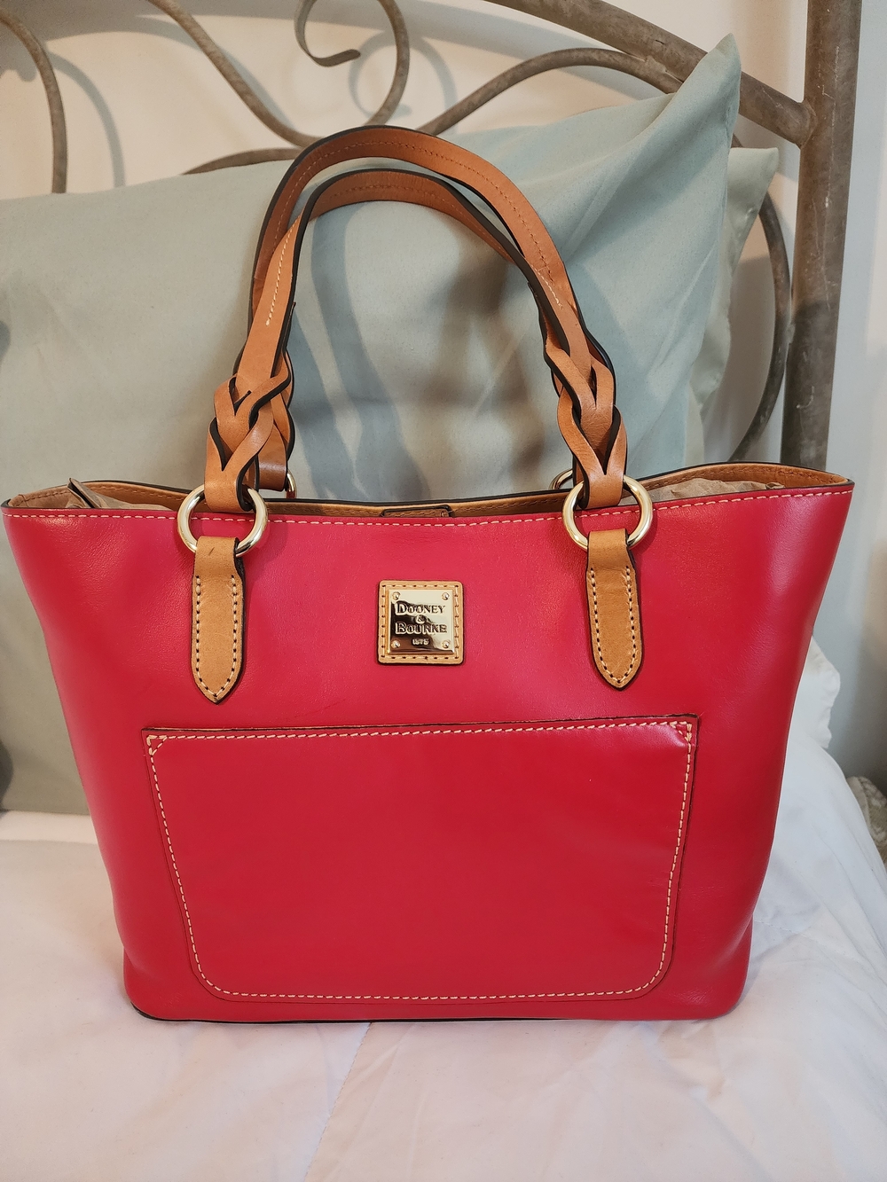Dooney & Bourke Red Leather Tote with Tan Handles